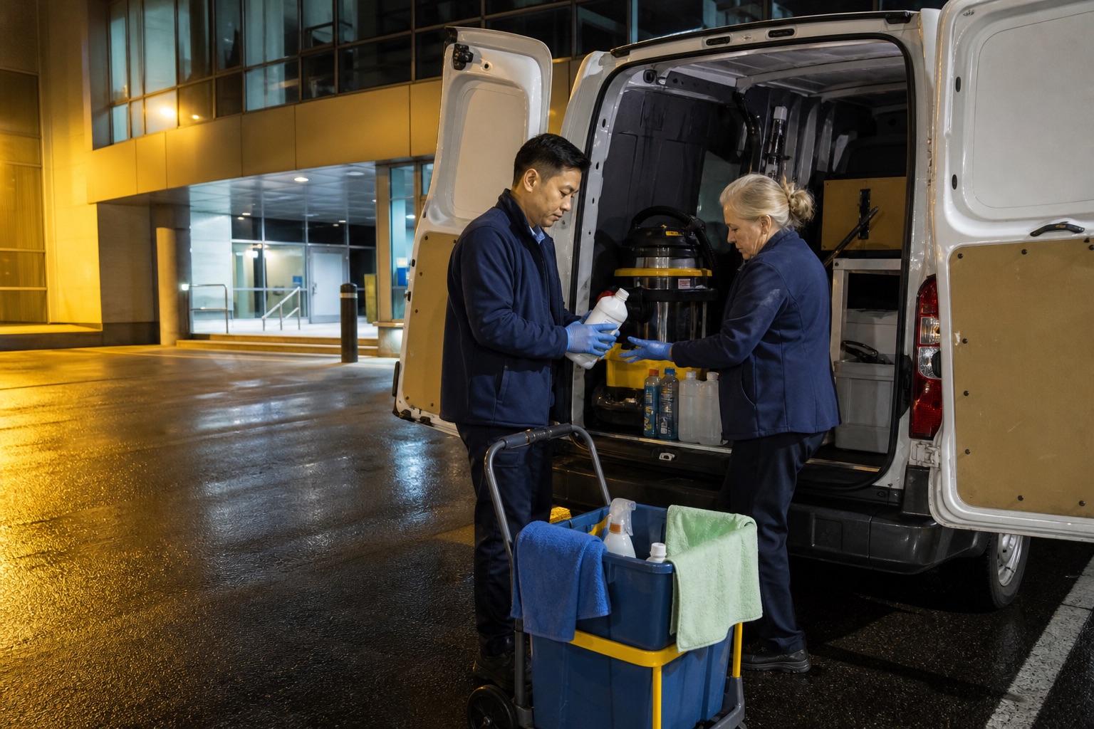 Night cleaning crew preparing equipment at a service van