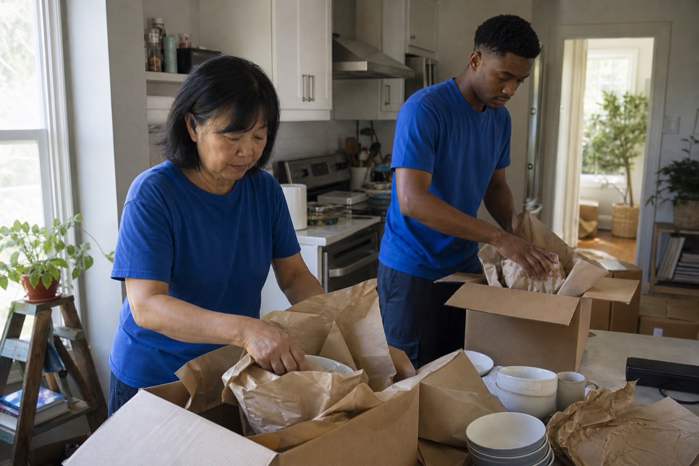 Moving crew carefully packing kitchen dishes