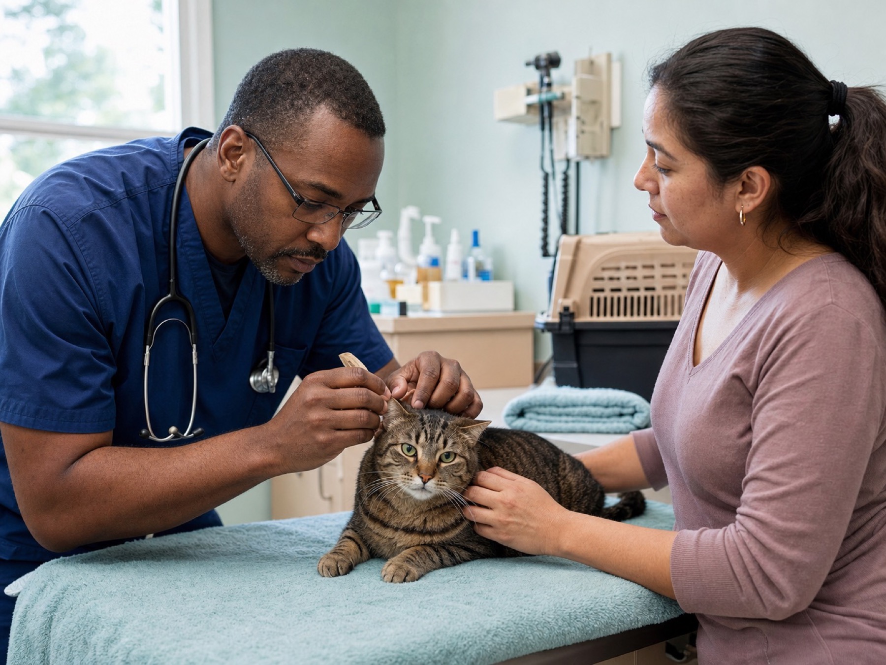 Veterinarian gently examining a tabby cat with its owner