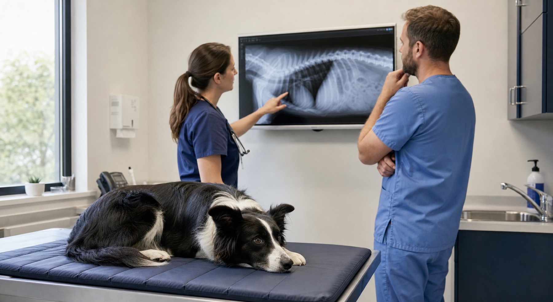 Veterinary team reviewing an x-ray with a border collie