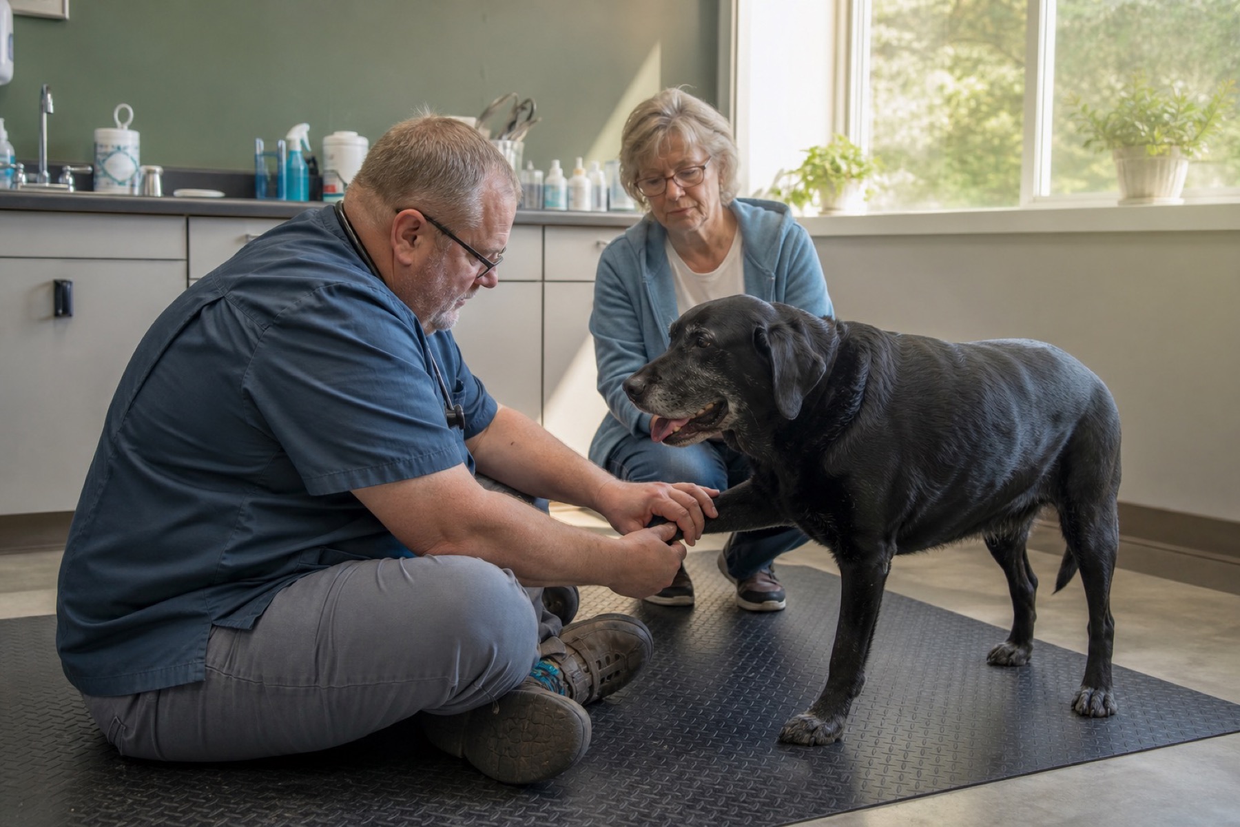 Veterinarian checking the leg of a senior Labrador