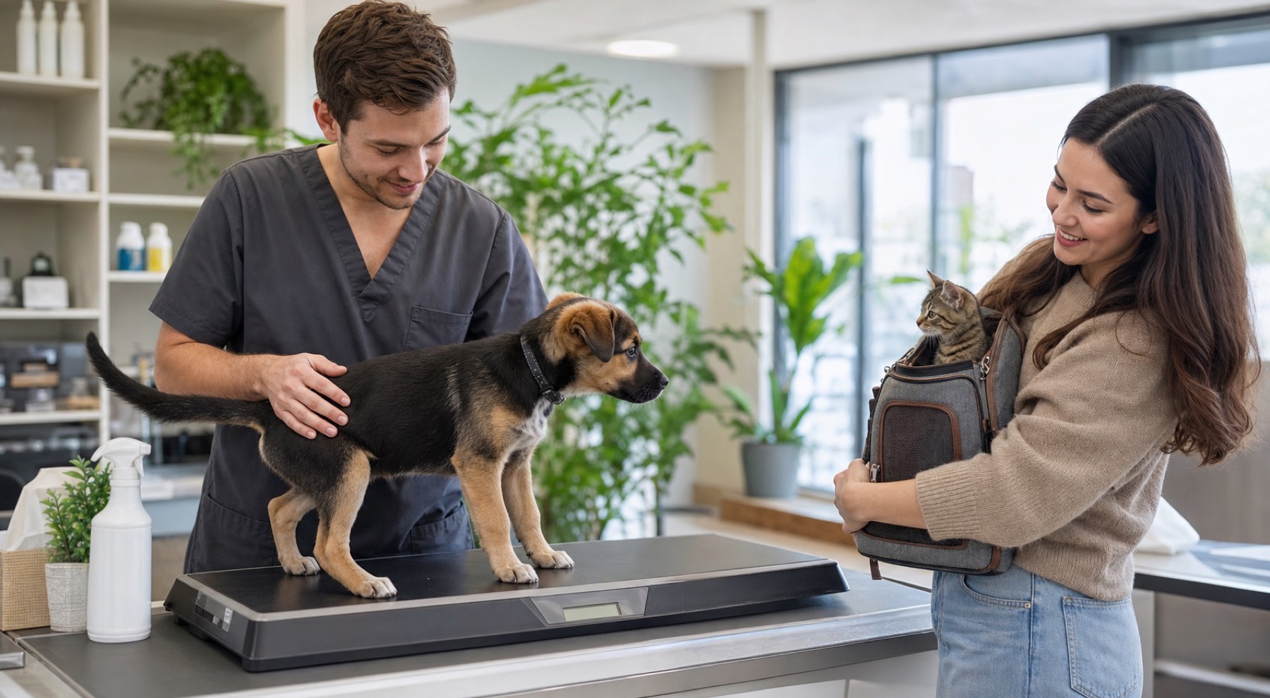 Puppy on a veterinary scale beside a kitten